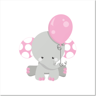 Elephant With Balloon, Cute Elephant - Pink Gray Posters and Art